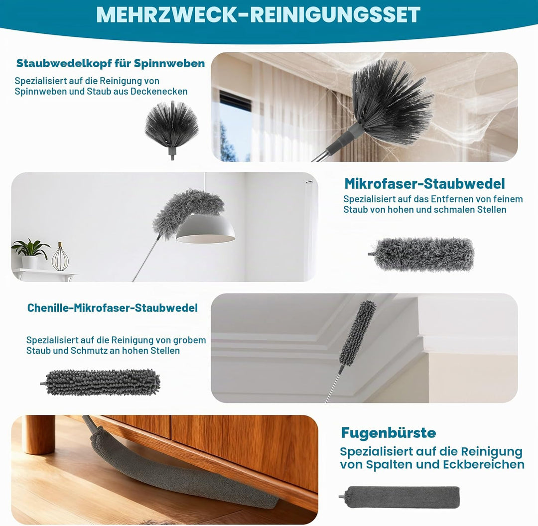 12 Stück Staubwedel Teleskop Set, Staubwedel Lang Ausziehbar bis 245cm, Waschbar Spinnenbesen mit Te