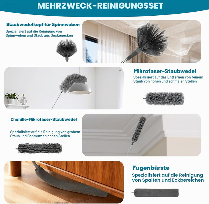 12 Stück Staubwedel Teleskop Set, Staubwedel Lang Ausziehbar bis 245cm, Waschbar Spinnenbesen mit Te