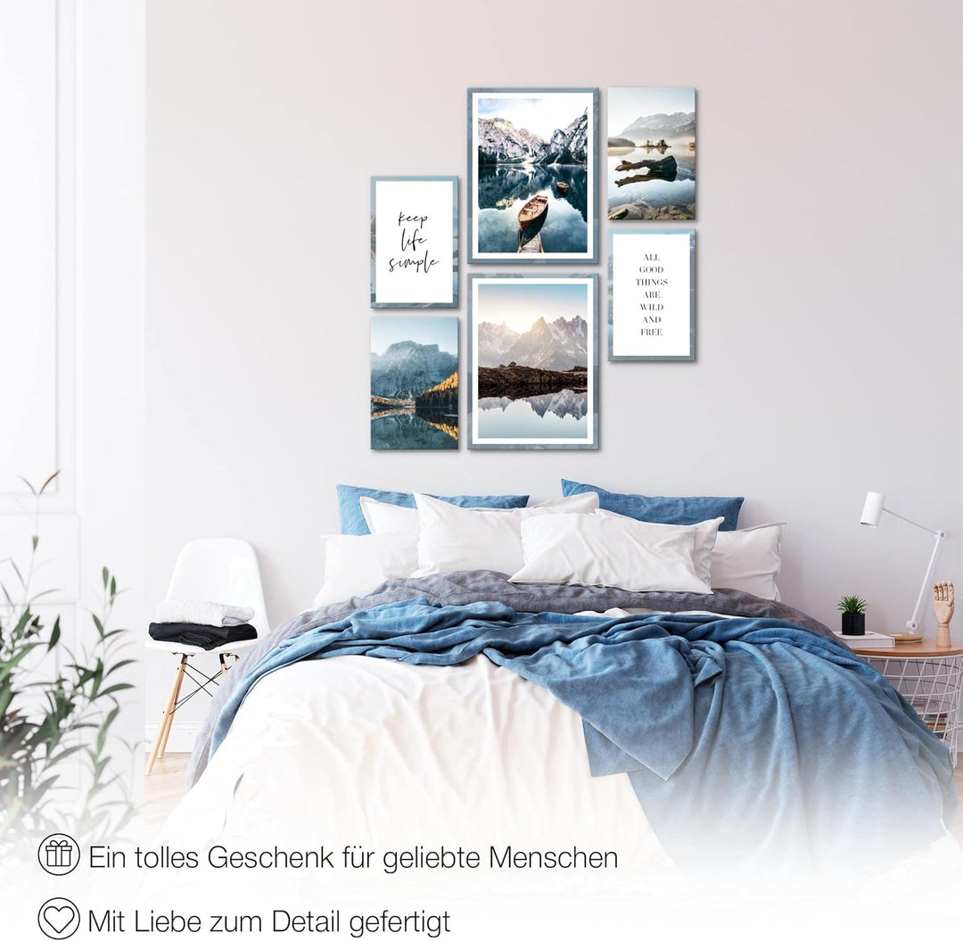Novart Wandbilder Set Berge und See Natur - KEIN EXTRA RAHMEN BENÖTIGT - Modern Deko - Wohnzimmer Sc