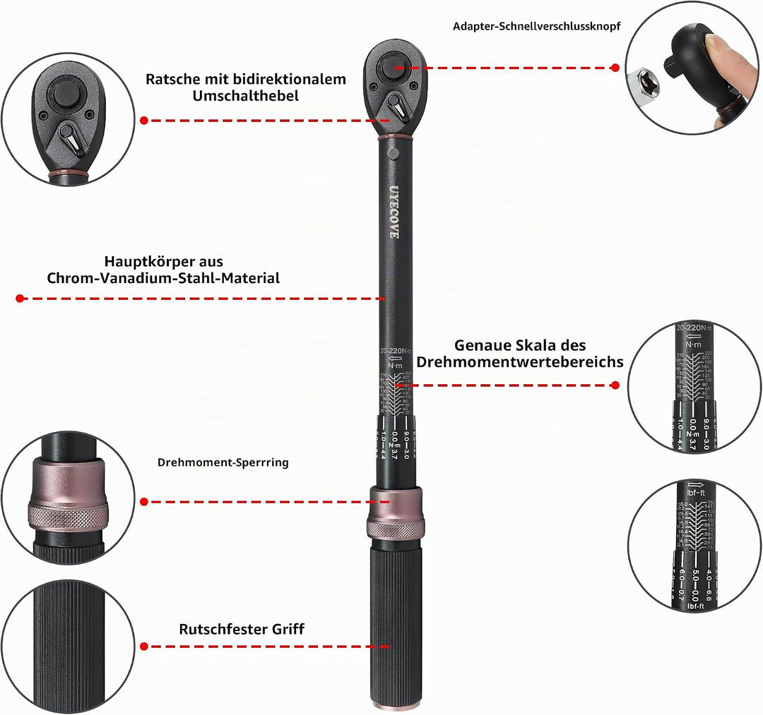 UYECOVE Drehmomentschlüssel 14Tlg 1/2 Zoll 20-220Nm (Brown) 1/2-Zoll 14 Stk. Set, 1/2-Zoll 14 Stk. S
