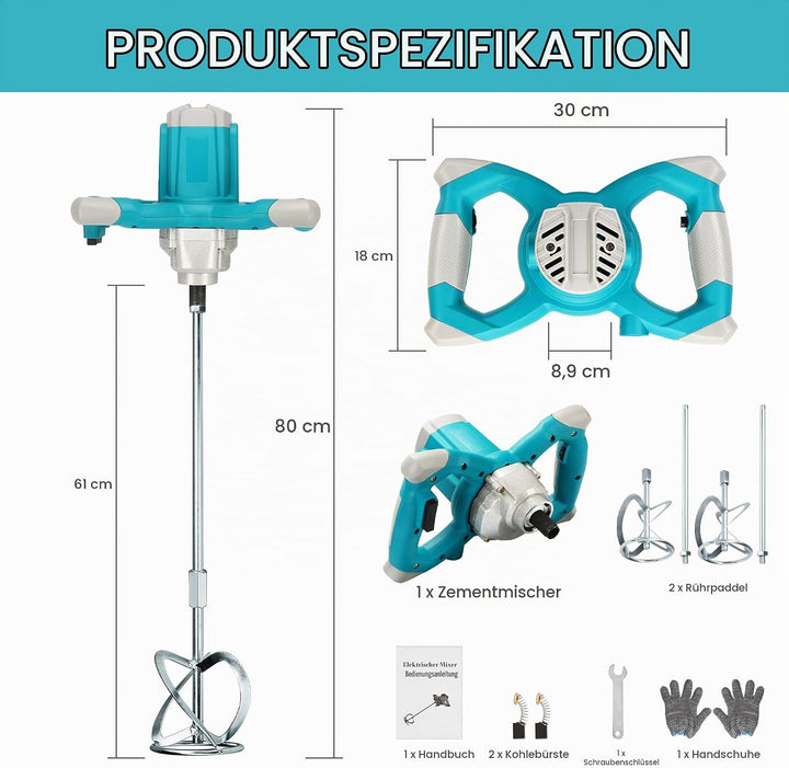 Elektrischer Hand-Zementmischer, 2100 W elektrischer Betonmischer mit 6 Geschwindigkeiten, 220 V Han