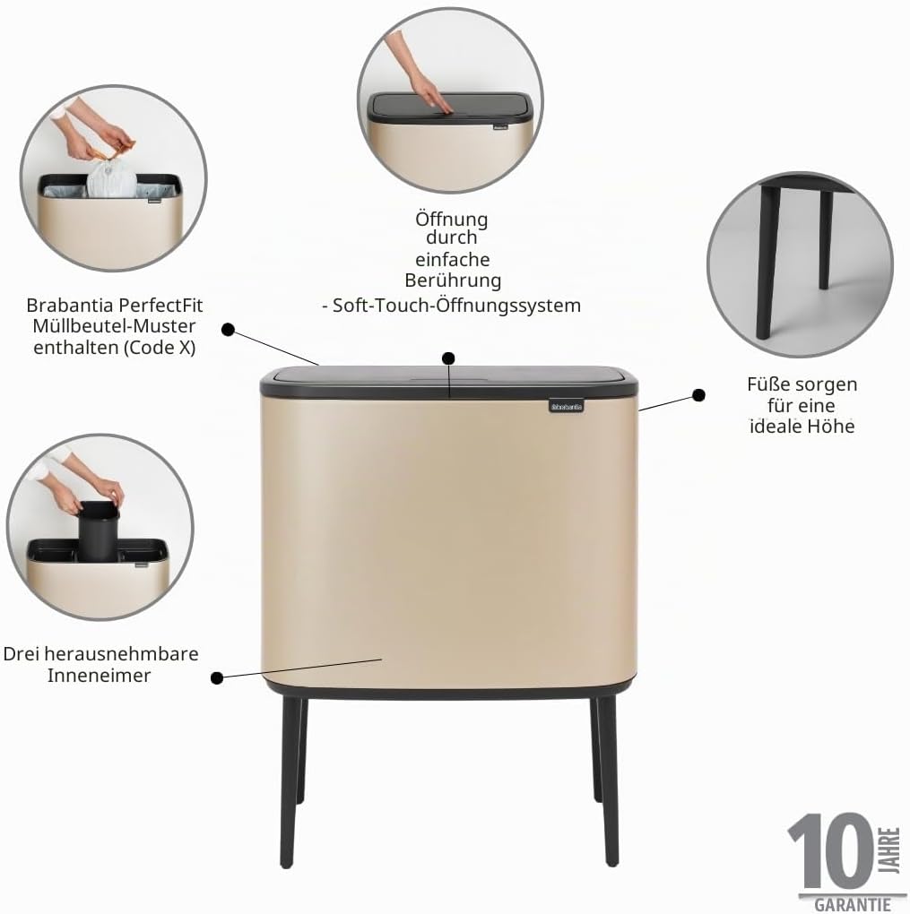 Brabantia Bo Touch Mülleimer Recycling, Metallic Gold, 3 x 11L 3 Inneneimer (3 x 11L) Champagne, 3 I