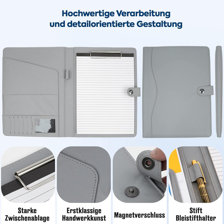 AMKSONS Schreibmappe A4 in Grau inklusive Klemmbrett & DIN A4 Notizblock - Premium Konferenzmappe au