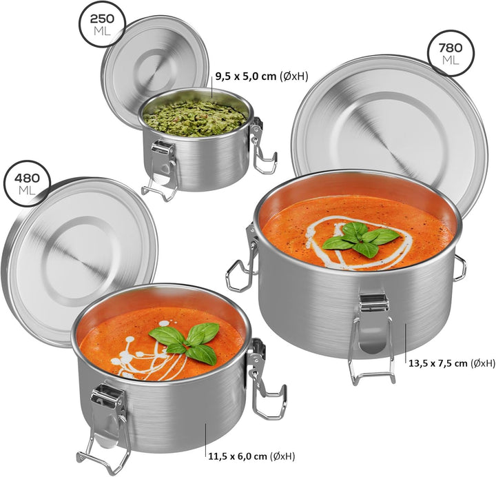 WELLGRO Edelstahl Dosen Set rund - 250 ml 480 ml 780 ml auslaufsicher Metall Brotdose Lunchbox