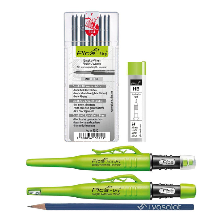 Pica Marker Set - Pica Fine Dry 0.9 + Pica Dry + 10 Stück Ersatzminen graphit 2B Multi-Use + 24 Stüc