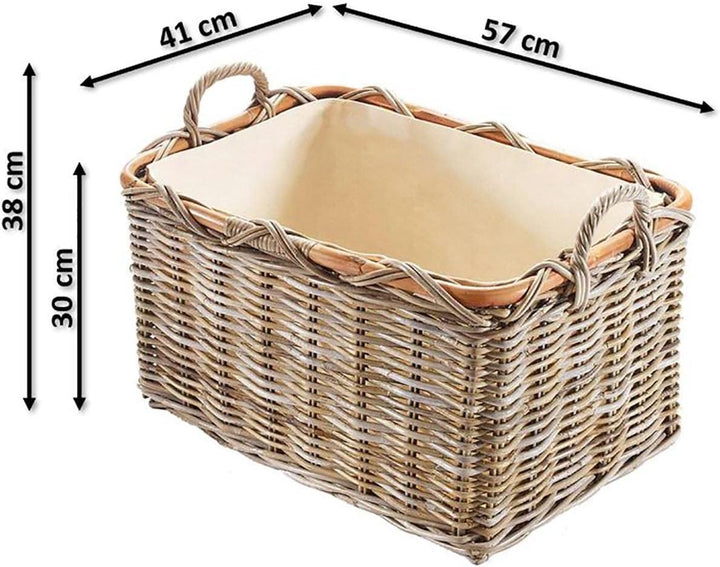 Kobolo Holzkorb für Kaminholz rechteckig Kubu grey aus Rattan mit Griffen und Leinen Kubu Grau Stoff