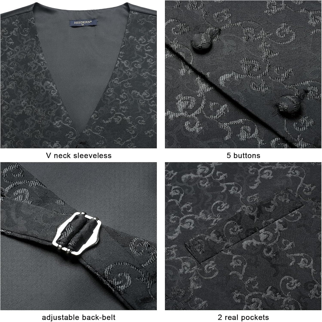 HISDERN Herren FLoral Hochzeit Weste Krawatte Einstecktuch Taschentuch Jacquard Weste Anzug Set M Sc