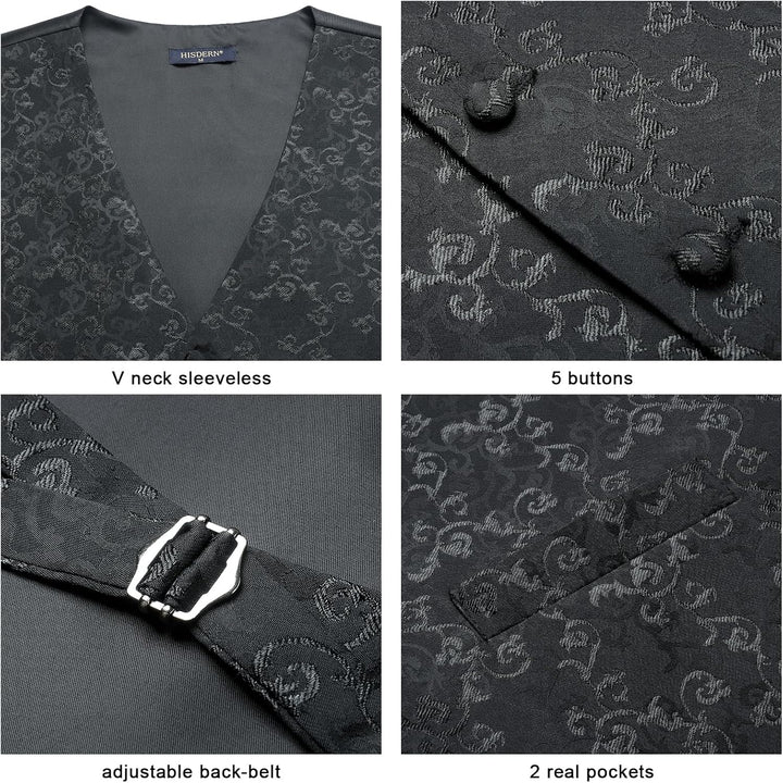 HISDERN Herren FLoral Hochzeit Weste Krawatte Einstecktuch Taschentuch Jacquard Weste Anzug Set M Sc