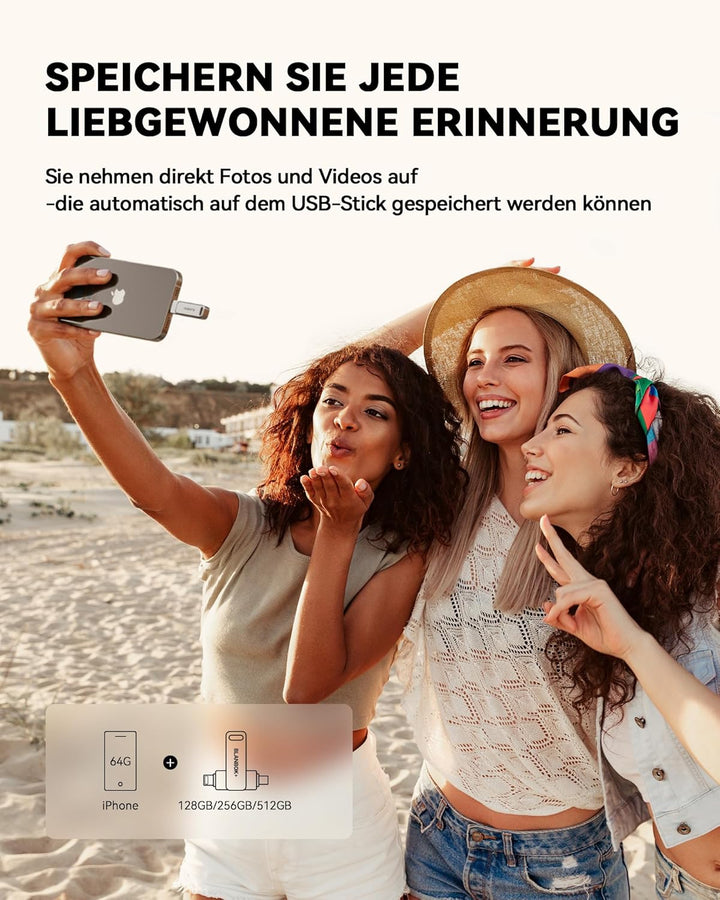 MFi Zertifizierter USB C Stick für iPhone 15, 3 in 1 Memory Stick, Externer Speicher für Lightning/i