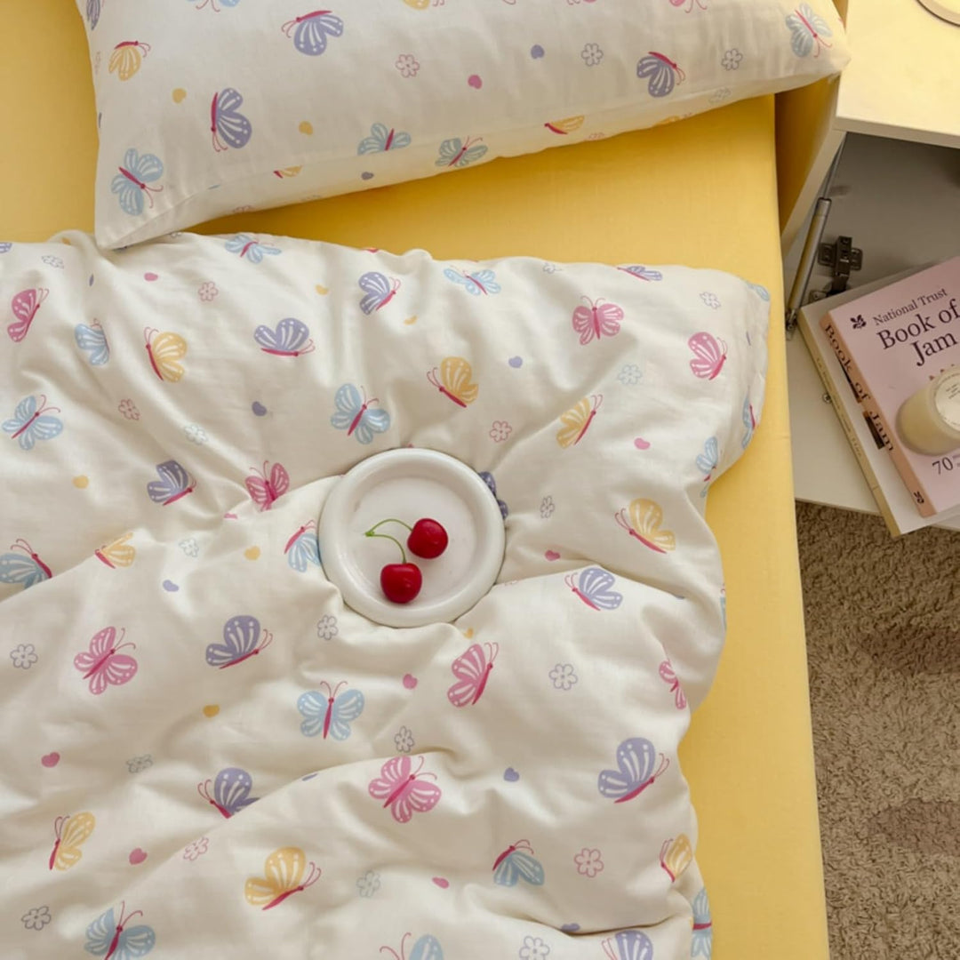 Freyamy Kinder Bettwäsche 100x135cm 2teilig Beige Bunt Schmetterling Mädchen Bettwaren-Sets Schmette