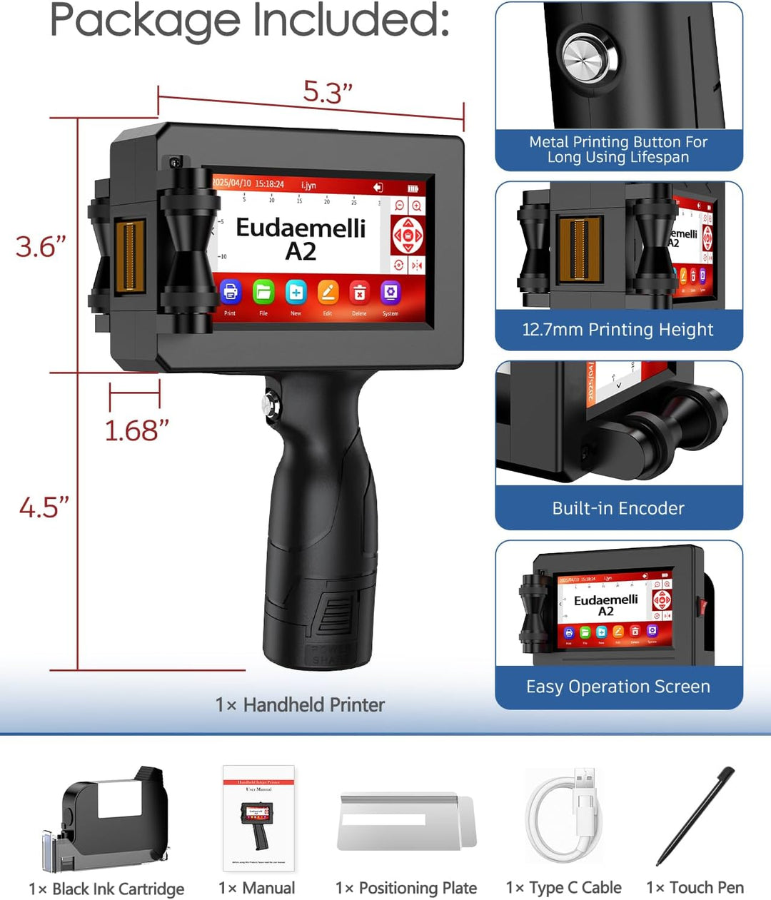 25.4mm Tragbarer Handdrucker, A2 Tragbarer Tintenstrahldrucker mit 42 ml schnelltrocknender Tinte, H