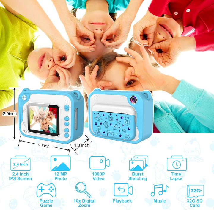 KinderKamera- DigitalKamera Sofortbildkamera Print 1080P 2.4 Zoll Bildschirm Videokamera Schwarzweis