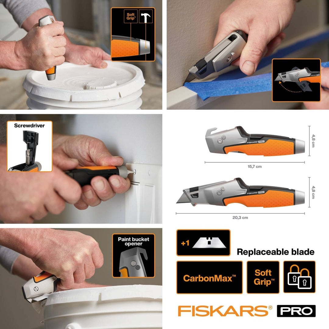 Fiskars Universal-Malermesser, Länge 19,1 cm, Rostfreier Stahl/Kunststoff, Schwarz/Orange, CarbonMax
