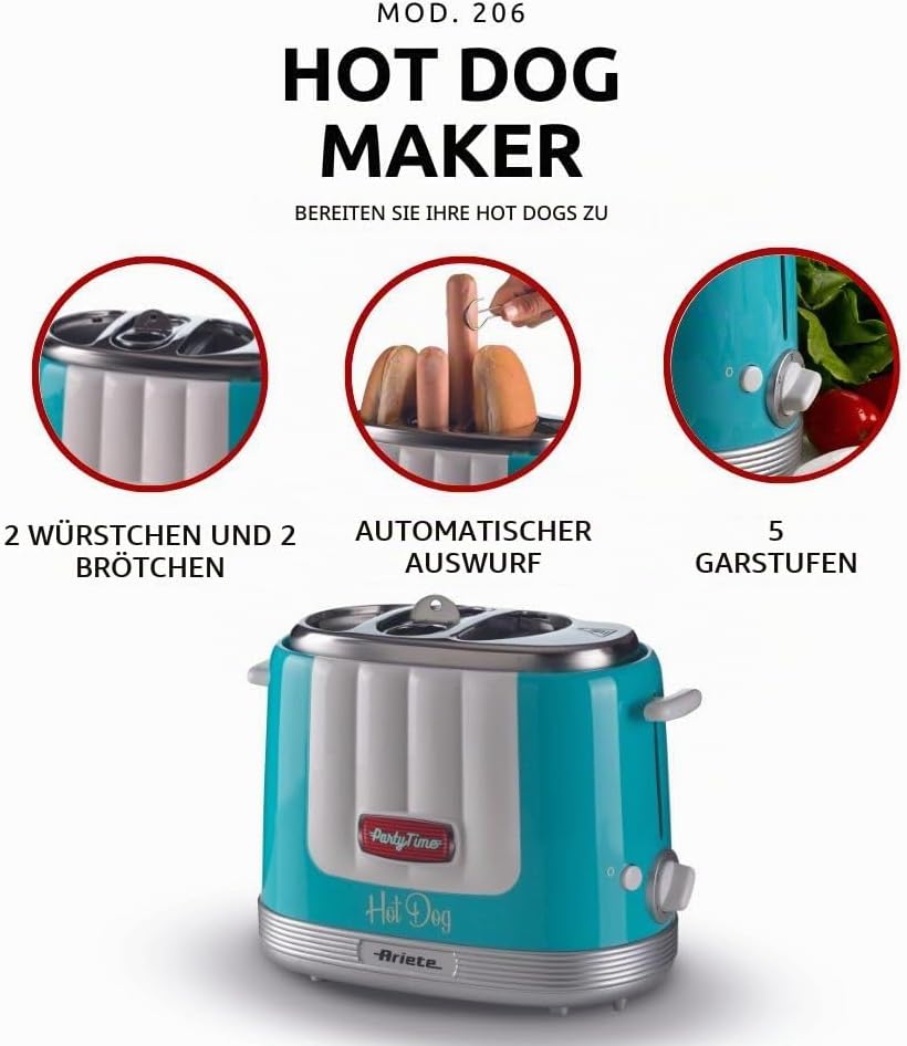 Ariete 206 Hot Dog Maker Party Time, Hot Dog Maker, 650 W, 5 Garstufen, 4 Garräume, automatischer Au