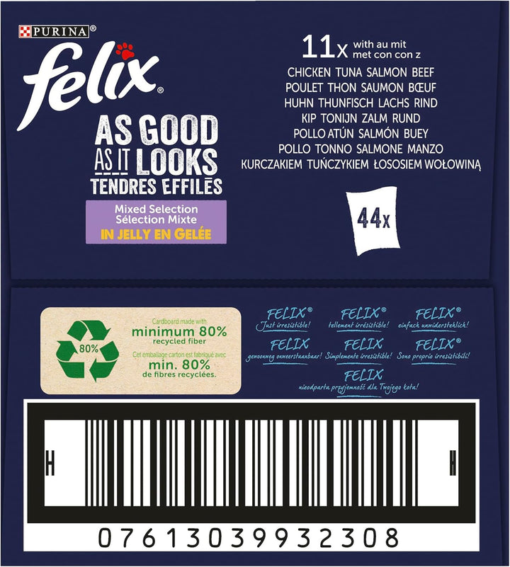 Felix Jeden Tag Party Mix in Gelee Katzenfutter, Nassfutter Mahlzeitbeutel mit Rund, Huhn, Lachs & T