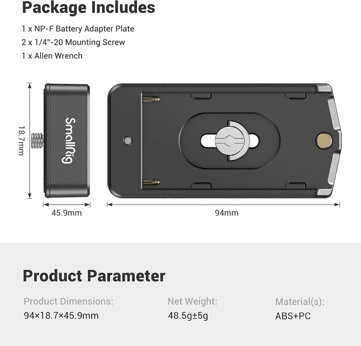 SMALLRIG NP-F Akku Adapterplatte Lite für Sony A7 A9 / BMPCC 4K 6K / GH5 / Z6 Z7, mit 12V DC / 7,4V