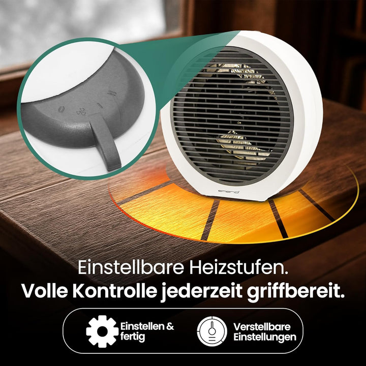 EMERIO Heizlüfter | für Räume bis 20 m² | 2000W | 2 Heizstufen | Einstellbarer Thermostat | Ventilat