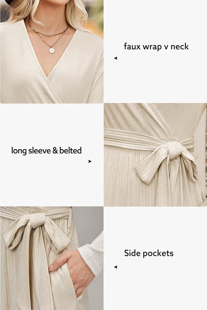 Newshows Strickkleid Damen Herbstkleid V Ausschnitt Pulloverkleid Winterkleid Kleid mit Taschen für