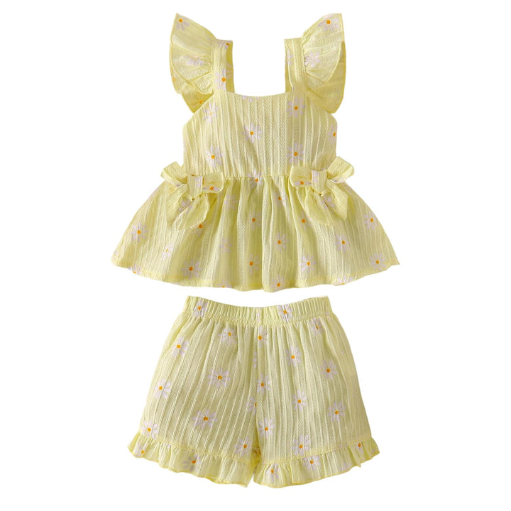 Sommerkleidung für Babys Mädchen Niedliches Rüschen-Gänseblümchen-Top Shorts und Hose Set für Kleink