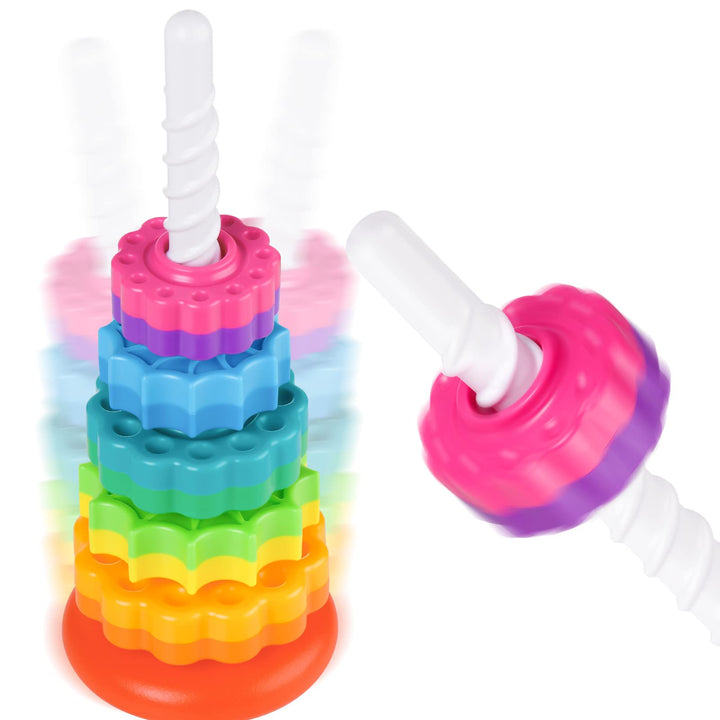 35cm Stapelturm mit Drehfunktion, Regenbogen-Stapelringe Spielzeug für Kinder, Zweifarbige drehende