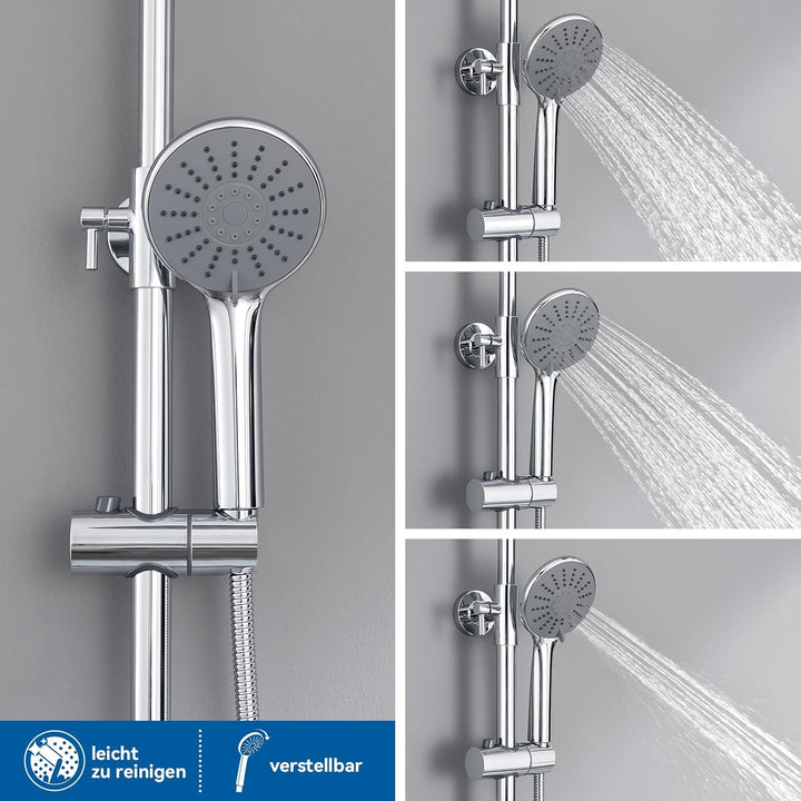 Duschsystem mit Thermostat, Auralum Regendusche mit Armatur aus Edelstahl Höhenverstellbar 92-122cm,