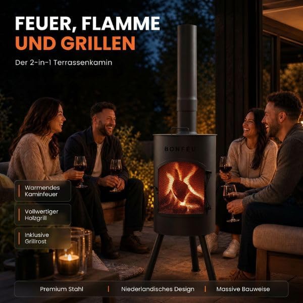 BonFeu Bongiano SP Schwarz - Terrassenofen - Feuerstelle mit Funkenschutz für entspannte Abende - Fe