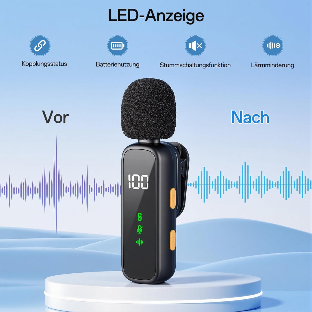 Upgrade Mini Mikrofon Handy mit Batterie-Display, Kabelloses Lavalier Ansteckmikrofon Klein Mic Wire