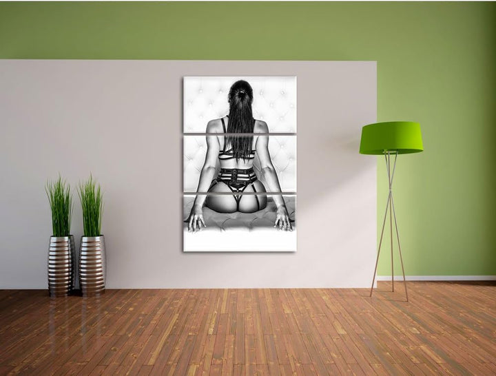 Pixxprint Brünette Frau in sexy Dessous Kunst B&W 3-Teiler Leinwandbild 120x80 Bild auf Leinwand
