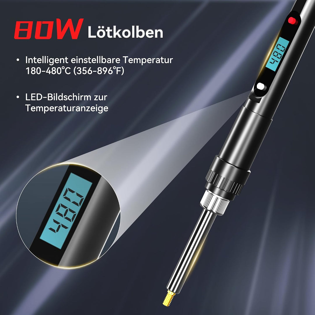 Gewindeeinsätze Lötspitzen Set 80W Temperatur Einstellbar Lötkolben mit Einschmelzhilfe, 220tlg Mess