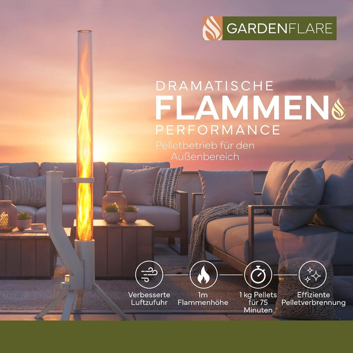 Gardenflare GARDENFLARE Feuerrohr Klassik – Edelstahl Feuersäule und Pelletfackel für Tolles Ambient
