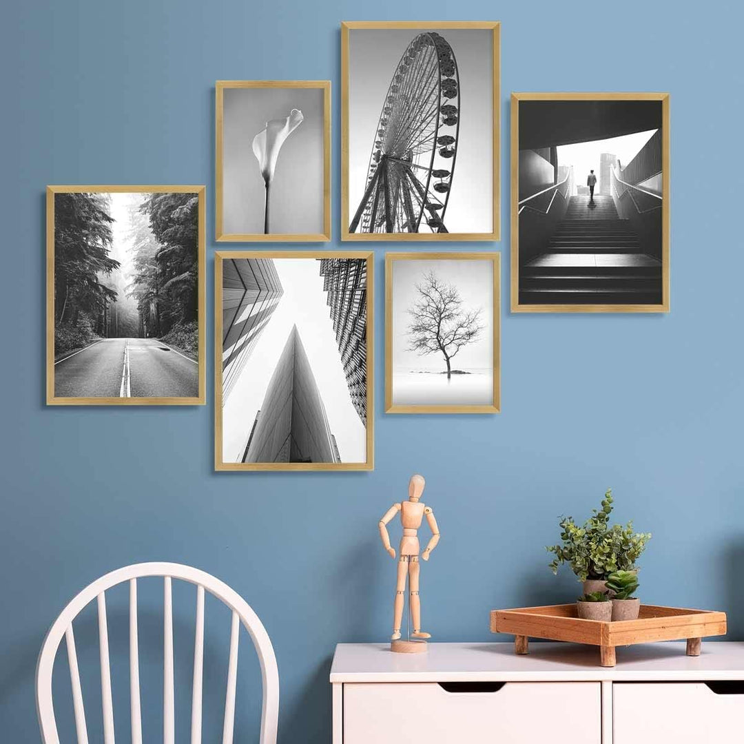 PHOTOLINI goldene Bilderrahmen Set verschiedene Grössen, 6 Bilderrahmen Holz MDF gold, Bilder Rahmen