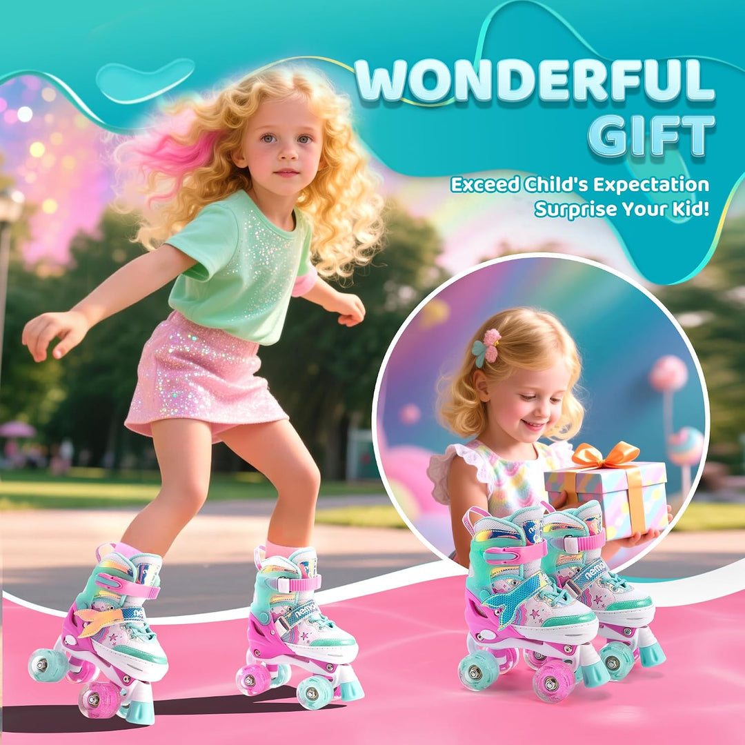 NEMONE Rollschuhe für Mädchen Kinder 4 Grössen Verstellbar Blau Violett Rollschuhe für Kinder Drinne