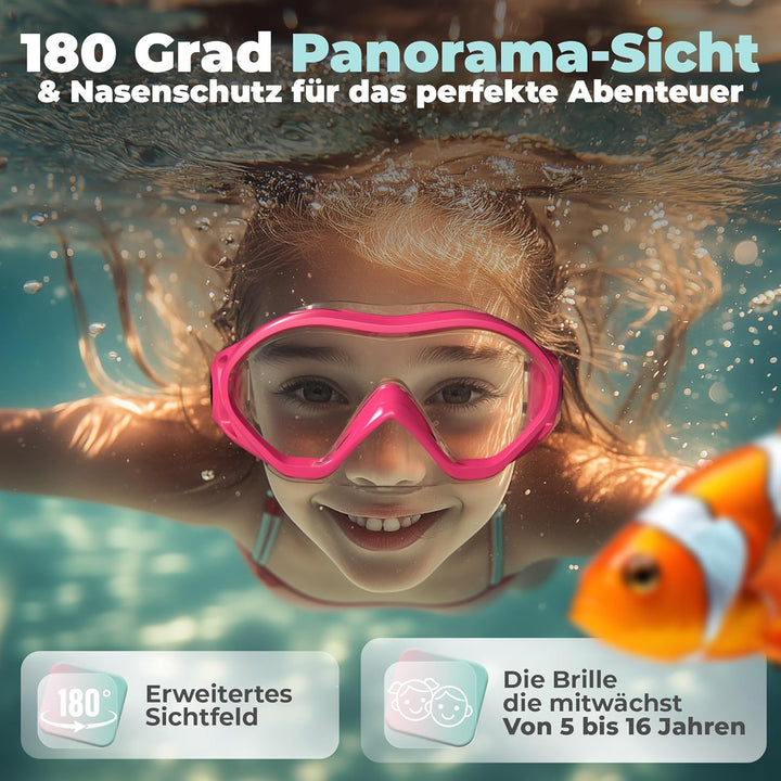 KIDVERSE Taucherbrille Kinder mit Nase - CE & Dermatest geprüfte Kinder Taucherbrille mit Stoffband