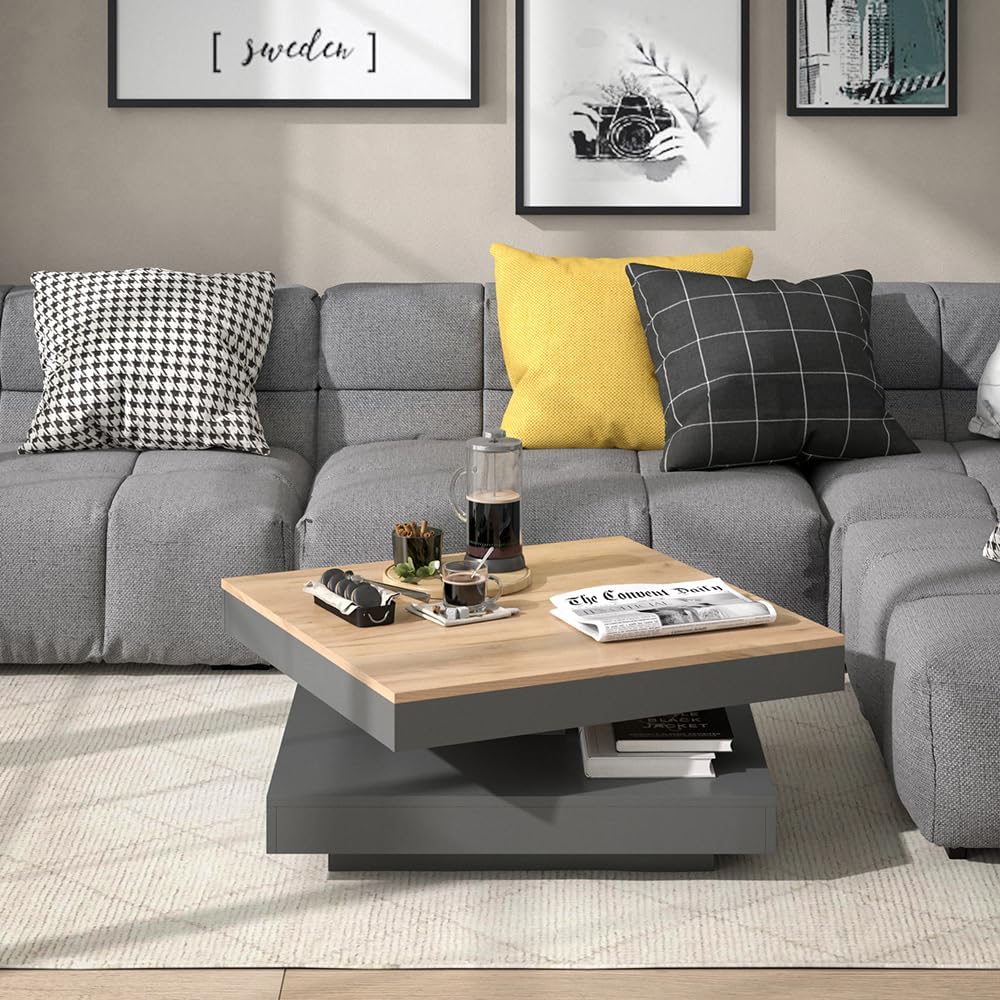 Vicco Couchtisch Elias 360° drehbar 70 x 70 x 34 cm Wohnzimmertisch Tisch (Anthrazit/Goldkraft)