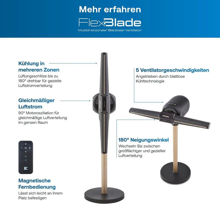 DIMPLEX FlexBlade Flügelloser Ventilator, Tischventilator Oszillierend, 90° Schwenkbar, 20m Reichwei