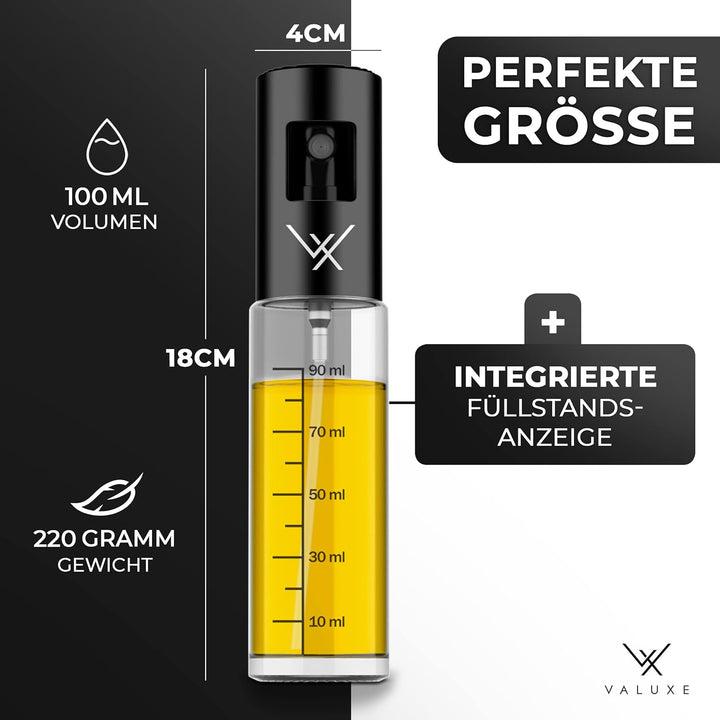 VALUXE® Ölsprüher - Das ORIGINAL - Extrem präzise Öl-Sprühflasche aus Edelstahl und Glas - Multifunk