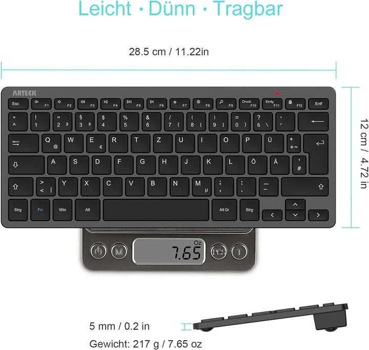 Arteck Kabellose Tastatur, Deutsches QWERTZ Layout Kompakte USB 2,4 GHz Mini Kabellos Tastatur mit M