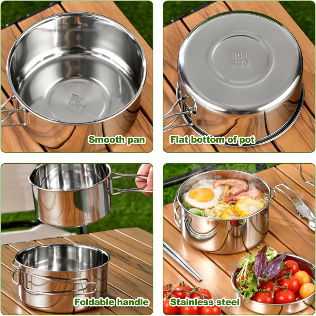 Camping Kochgeschirr Set，Camping Geschirr Set 304 Edelstahl Kochtopf mit Pfanne Outdoor Kochgeschirr