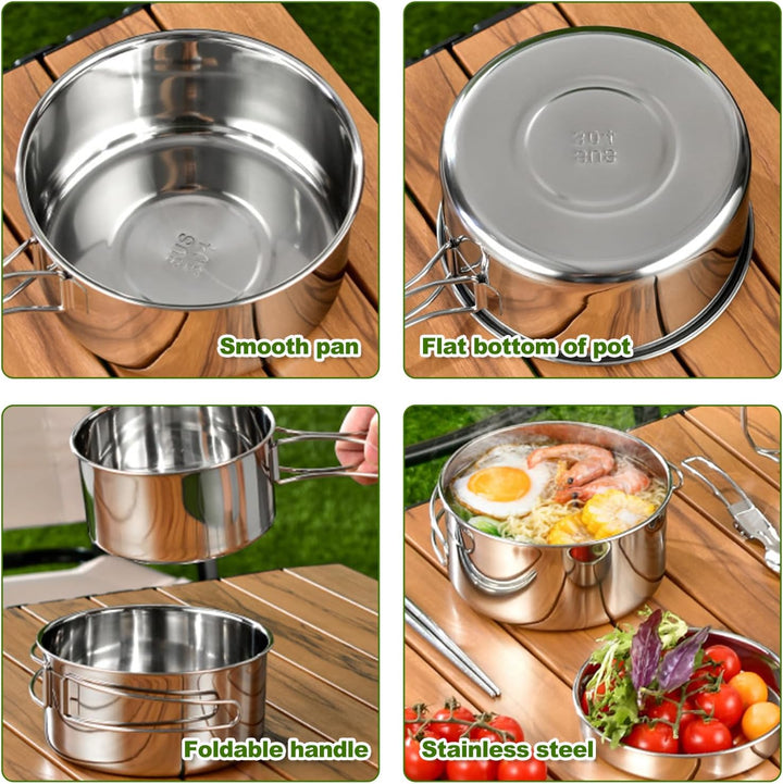 Camping Kochgeschirr Set，Camping Geschirr Set 304 Edelstahl Kochtopf mit Pfanne Outdoor Kochgeschirr