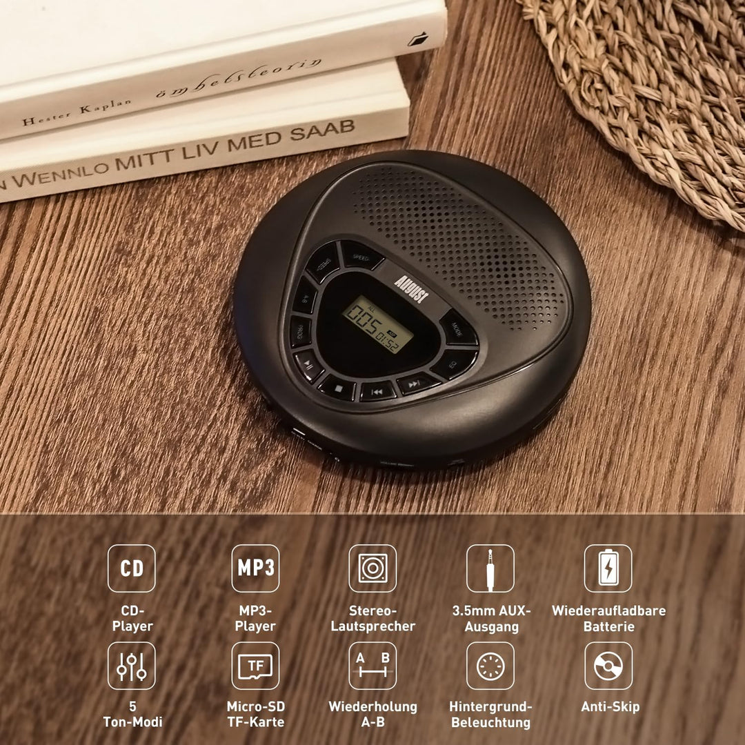 Tragbarer wiederaufladbarer CD Player -August SE10- Discman Walkman mit Lautsprecher Anti-Shock Anti