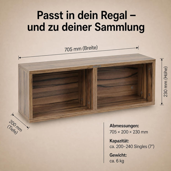 Zomo VS-Box 7/200 Vinyl Aufbewahrung für 200–240 Singles - 7 Zoll - 705 x 200 x 230 mm - Zebrano - M