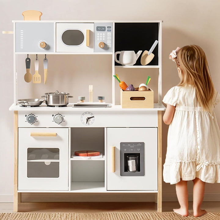 ROBOTIME Kinder-Holzspielküche mit Brotmaschine, Eiswürfelspender, Tafel und mehr, inklusive Spiel-L