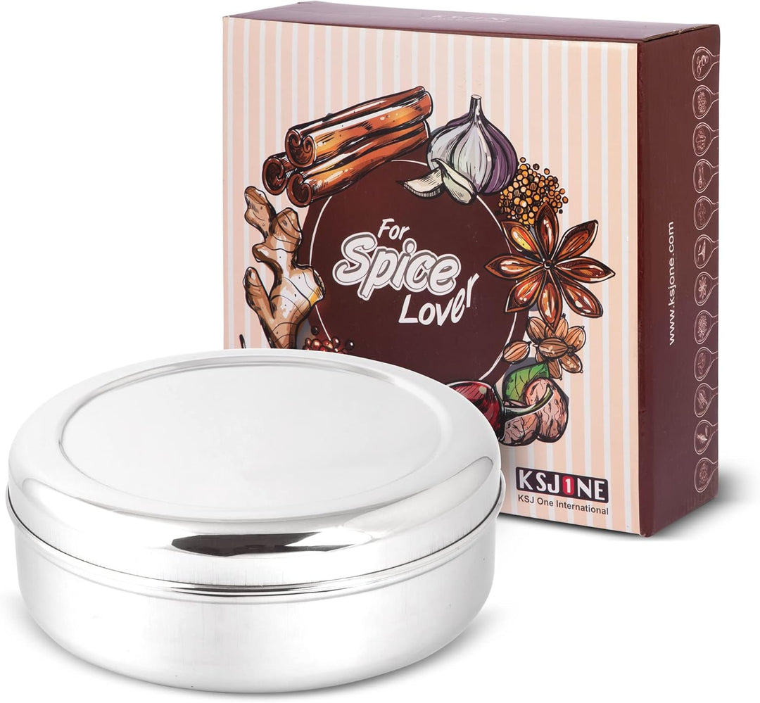 KSJONE Doppeldeckel-Gewürzbehälter Masala Dabba mit 7 Fächern und 7 Löffeln, Masala-Box, Gewürzbehäl