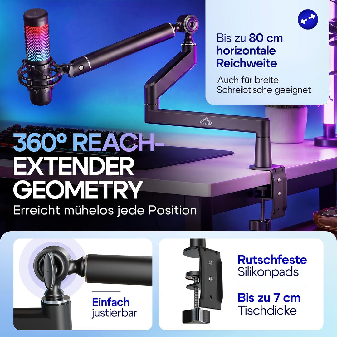 Mikrofonarm Schreibtisch Low Profile – 80 cm Reichweite, 100% absinksicherer Mikrofon Arm, stabiler