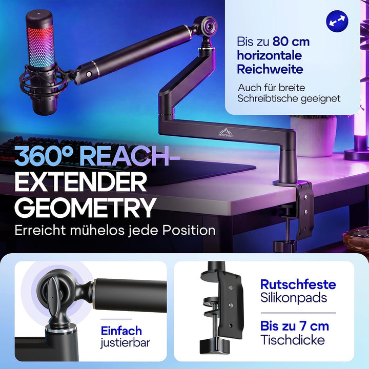 Mikrofonarm Schreibtisch Low Profile – 80 cm Reichweite, 100% absinksicherer Mikrofon Arm, stabiler