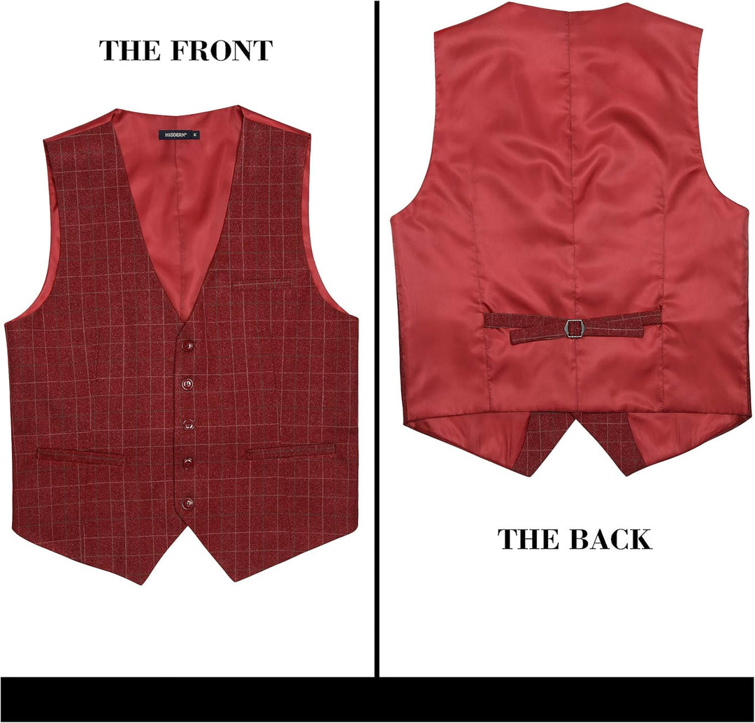 HISDERN Manner Formale Hochzeitsfeier Weste Baumwolle Plaid Kleid Anzug Weste für Herren Burgund XS,