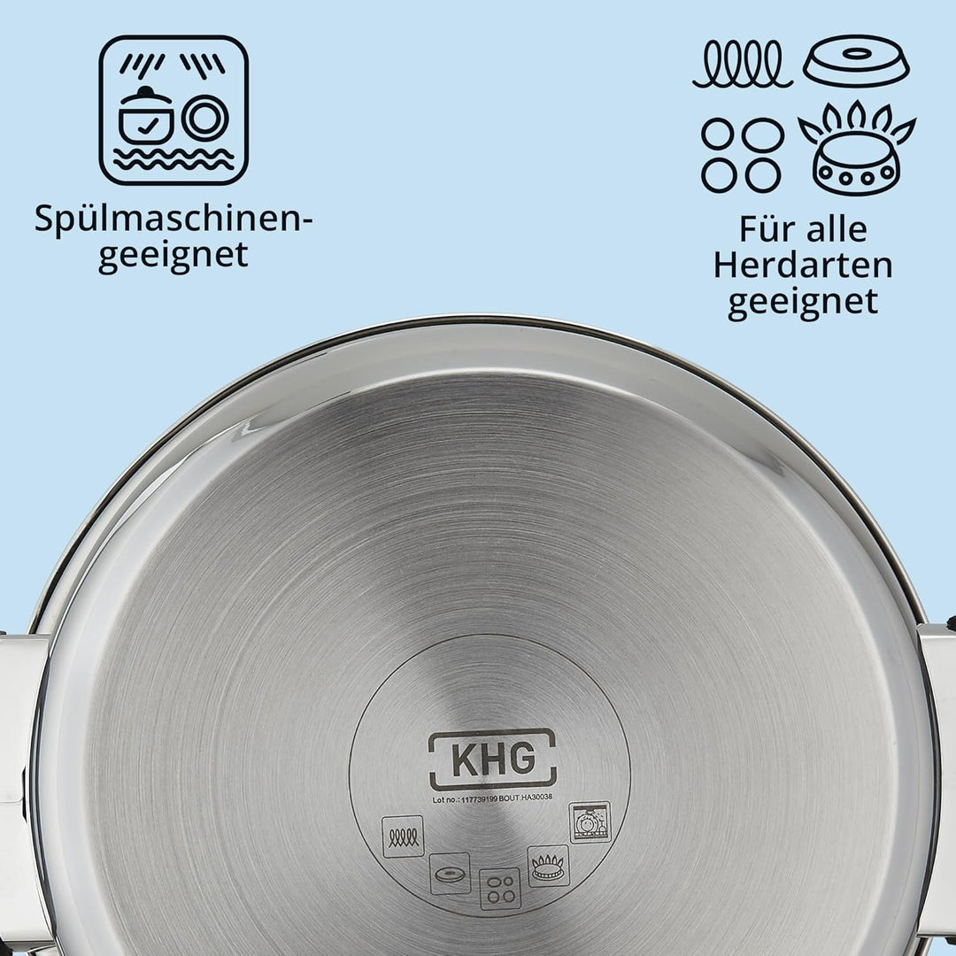 KHG Topfset 3-teilig Edelstahl Induktion, Kochtopf 16 cm, 20 cm mit Glasdeckel, Kasserolle 14 cm - T