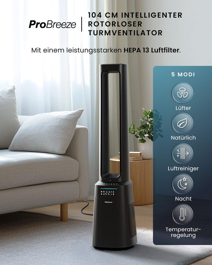 Pro Breeze OmniAir 105cm rotorloser Ventilator mit Luftreiniger - Smart Home Ventilator, WLAN, App,