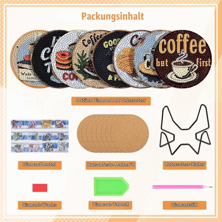 NAIMOER 8 Stück Kaffee Diamond Painting Untersetzer mit Halter, DIY Lowtea Diamant Tassenuntersetzer