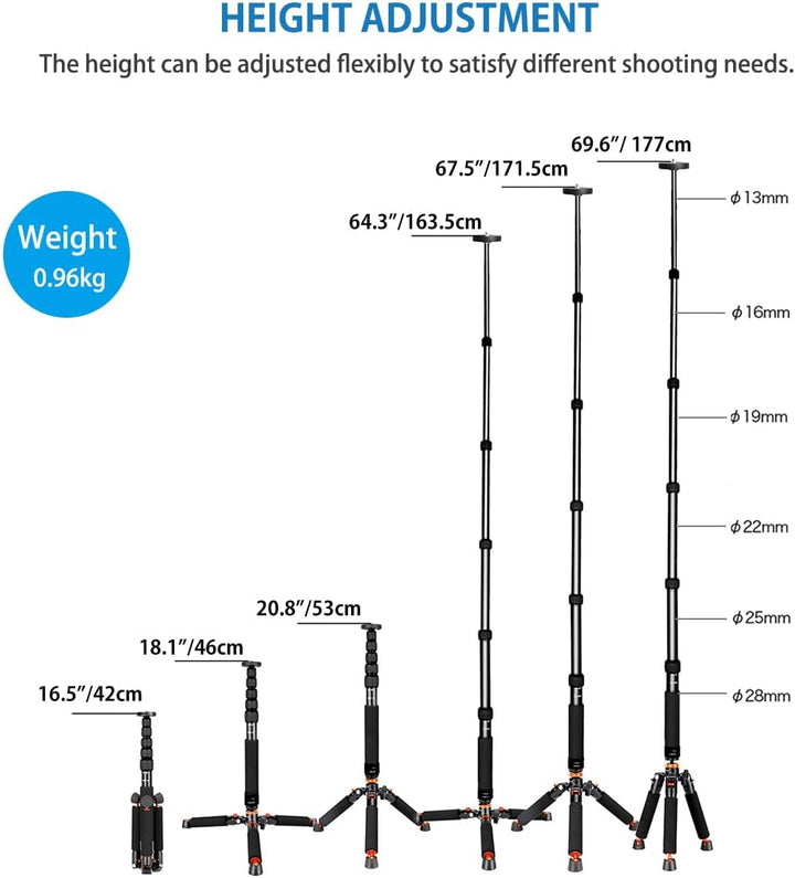 Koolehaoda Kamera-Einbeinstativ aus Aluminium mit Stativbasis aus Metall. 6 Abschnitte, 46–177 cm ve